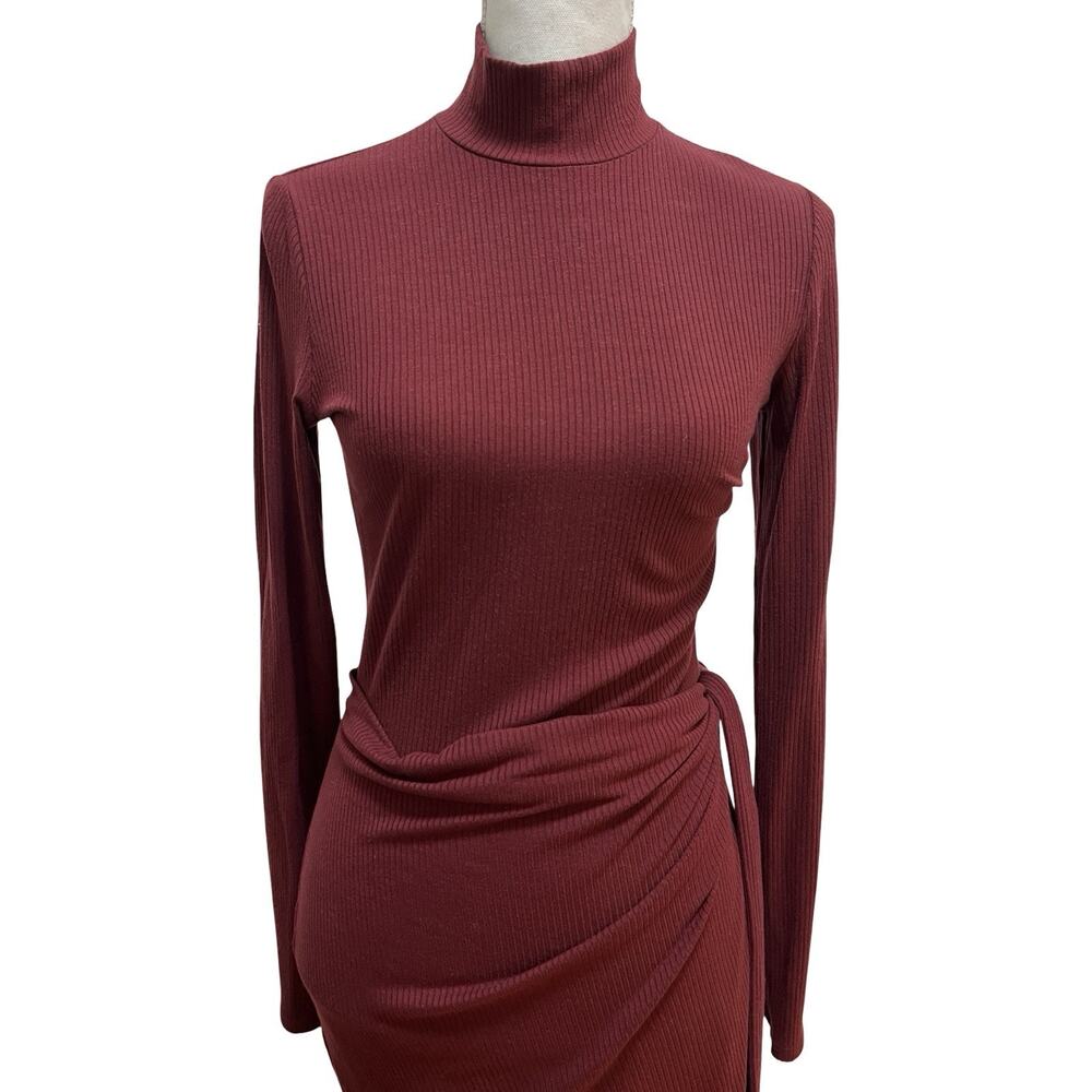 Reformation Jeans Julie Ribbed Wrap Mini Dress Size M Merlot Red Long Sleeve - Picture 4 of 7